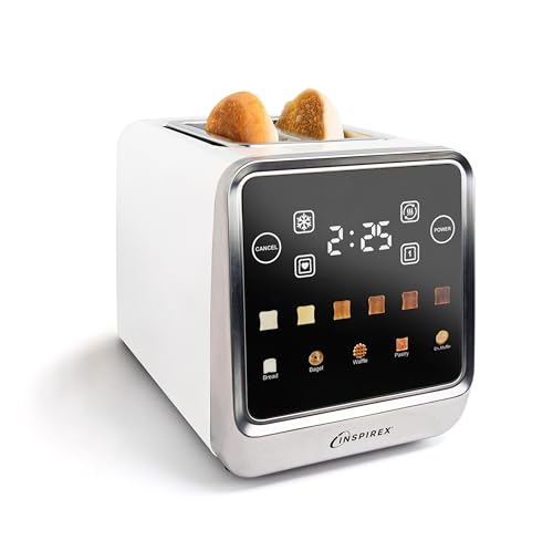 Inspirex Touch Screen Toaster - 2 Extra Wide Slots - 5 Bread Types and 6 Browning Levels - Defrost, Reheat, Favorite, & Single Slot Modes - For Toast, Bagels, & Waffles – White