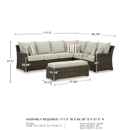 Signature Design by Ashley Brook Ranch Outdoor Sectional, All‑Weather Resin Wicker Patio Furniture With High‑Performance Cushions, Durable Aluminum Frame, Neutral
