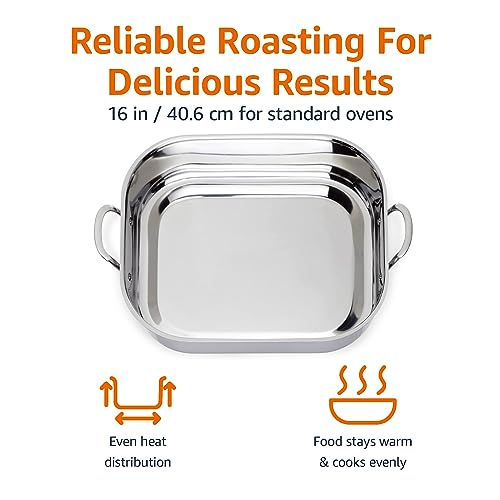 Amazon Basics Stainless Steel Rectangular Roasting Pan with Rack, Turkey Roaster, Dishwasher Safe, Easy to Clean, Oven Safe, 16 in