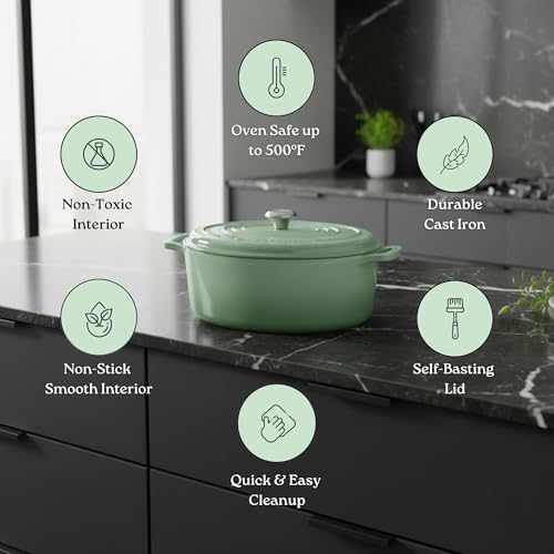 ROSSALLINI Signature Enameled Cast Iron Oval Dutch Oven | Non-Stick Serving Pot with Tight Fitting Lid for Perfect Roasting, Baking, Sauteing, and Bread Making | 5Q [Sage]