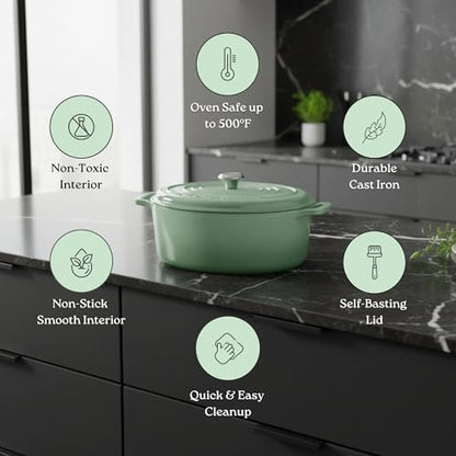 ROSSALLINI Signature Enameled Cast Iron Oval Dutch Oven | Non-Stick Serving Pot with Tight Fitting Lid for Perfect Roasting, Baking, Sauteing, and Bread Making | 5Q [Sage]
