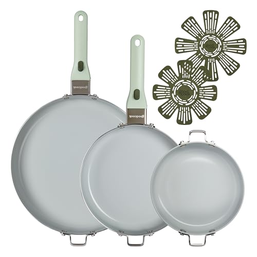 GoodCook Ceramic Cookware Set 7-Piece with Removable Handles, Induction Compatible Fry Pans, Nonstick and Oven Safe, Sage Green