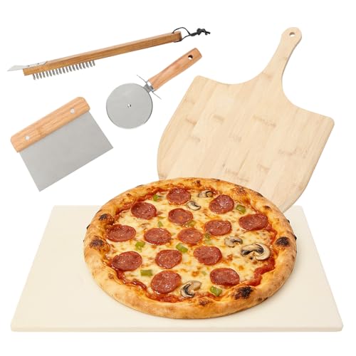 5 PCS Pizza Stone Set for Oven and Grill, Pizza Making Tools with 15" Baking Stone, Pizza Peel, Pizza Cutter Wheel, Oven brush, Scraper, for Pizza & Bread,Grill