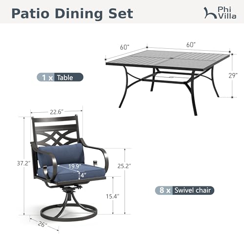 PHI VILLA 9 Pieces Outdoor Dining Set for 8, 60" Square Metal Table with Umbrella Hole & Wrought Iron Swivel Chairs, All Weather Outside Furniture with Blue Cushions & Pillows for Patio, Deck, Porch
