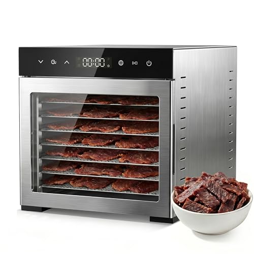 OLIXIS Food Dehydrator Machine, 500W Jerky Dehydrators with 8 Stainless Steel Large Trays, 185°F Temperature Control & 24H Timer Food Dryer for Fruit Meat Herb Dog Treats, Silver