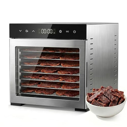OLIXIS Food Dehydrator Machine, 500W Jerky Dehydrators with 8 Stainless Steel Large Trays, 185°F Temperature Control & 24H Timer Food Dryer for Fruit Meat Herb Dog Treats, Silver