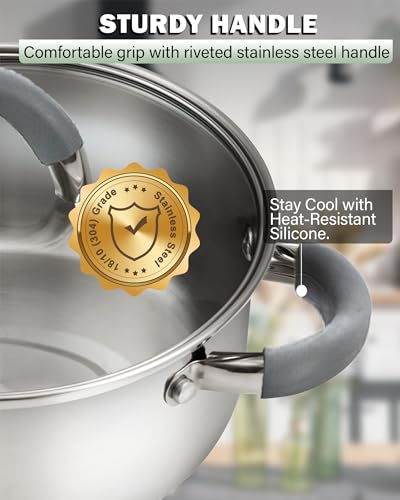 Cook N Home Large Stock Pot with Lid, 16-Quart Basic Stainless Steel Cooking Gumbo Soup Pot, Stay-Cool Silicone Handles