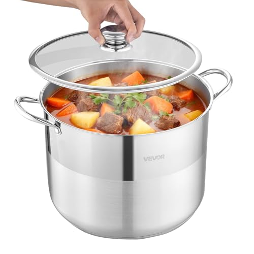 VEVOR Stainless Steel Stock Pot, 16QT Stainless Steel Stockpot with Glass Lid, PFOA-Free, PFAS-Free, Compatible with Gas Stoves, Induction Cooktops, Electric Stoves, for Soups, Stews, and Pasta