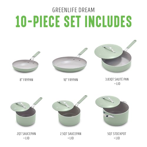 GreenLife 10-Piece Nonstick Ceramic Cookware Set, Lightweight Healthy PFAS-Free Pots & Pans with Lids, Dishwasher & Oven Safe, Durable Body, Silicone Stay-Cool Handles, Easy Release, Sage Green