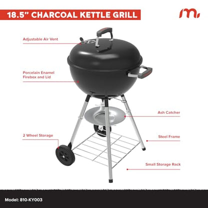 Megamaster Premium Charcoal Grill, 18" Heavy Duty Charcoal Kettle Grill, Outdoor Cooking, Camping Patio, Backyard, Tailgating, Black