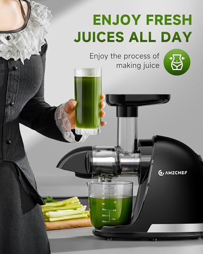 Juicer Machines - AMZCHEF Cold Press Masticating Juicer whole Fruit and Vegetable - Delicate Chew No Need to Filter - BPA Free Juice Extractor with 2 Cups and Brush- Ebony