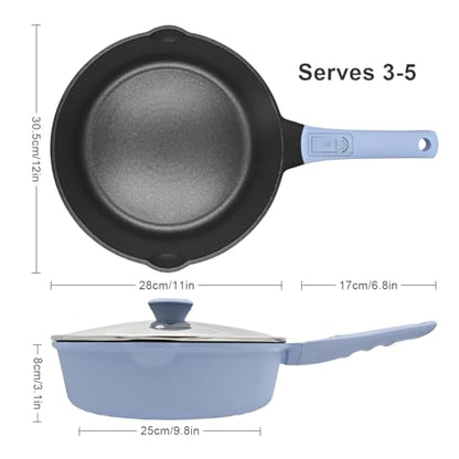 Bobikuke Non Stick Frying Pan Skillet with Lid, 12 Inch Nonstick Deep Frying Pan, 5 QT Saute Pan with Detachable Handle, Compatible with All Stoves, Induction Ready, Oven Safe, PTFE & PFAS-Free, Blue