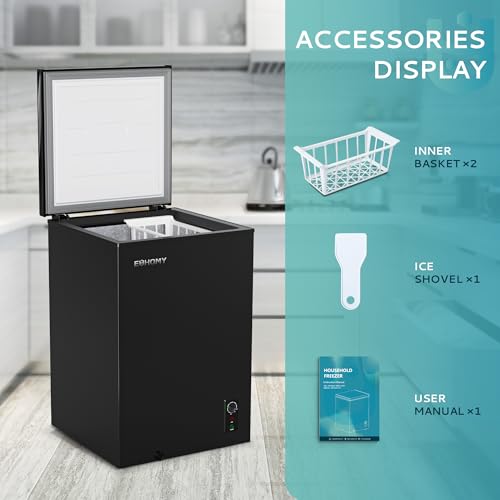EUHOMY 3.5 Cu.Ft Chest Freezer with Wheels, Small Deep Freezer Adjustable 7 Thermostat, Quiet Mini Freezer Free-Standing Top Door, Energy Saving for Apartment/Garage/Basement/Dorm/Home, New Black