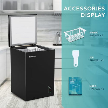 EUHOMY 3.5 Cu.Ft Chest Freezer with Wheels, Small Deep Freezer Adjustable 7 Thermostat, Quiet Mini Freezer Free-Standing Top Door, Energy Saving for Apartment/Garage/Basement/Dorm/Home, New Black