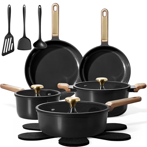 CAROTE Ceramic Cookware Set Nonstick, 16pcs Pots and Pans Set Nonstick, Non-Toxic & PFAS-Free, Dishwasher, RV/Camping Cookware Set, Cooking Pots with Lids, Charcoal Black