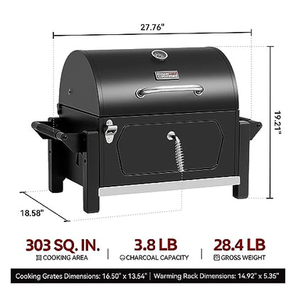 Royal Gourmet CD1519 Portable Charcoal Grill with Warming Rack, Tabletop Charcoal Grill with 303 Sq. In Cooking Area for Outdoor Camping and Picnic Grilling, Black
