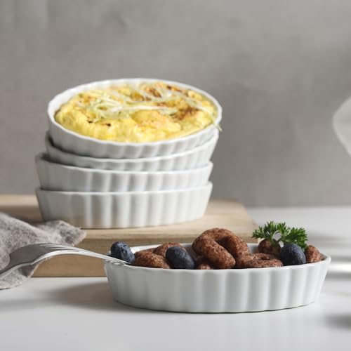 SumitlEyao 4-Piece Porcelain Baking Dish Set - 4 OZ 5.2 Inch Small Ramekins Pie Pans, Oven Safe Ramekins for Quiche, Tart, Dessert, Creme Brulee, Au Gratin | Stackable, Dishwasher Safe