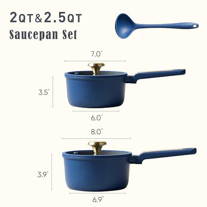 CAROTE 2QT & 2.5QT Sauce Pan Sets with Lid & Ladle Cooking Pots Nonstick Saucepans Cookware Set Small Kitchen Pot, Induction Comptable, Easy to Clean, PFOA FREE (Blue)