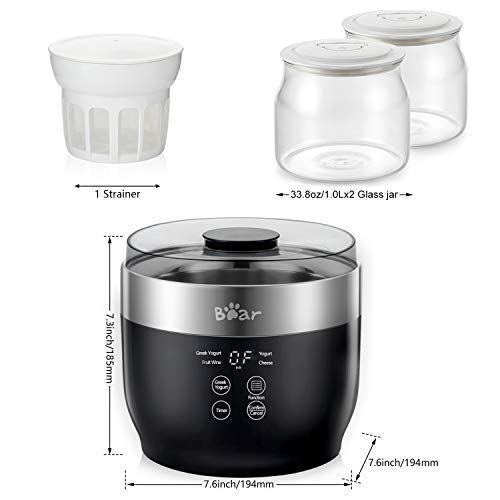 Bear Yogurt Maker, Greek Yogurt Maker Machine with Strainer and Timer Control, Stainless Steel Inner Pot, Automatic Digital with 2 Glass Jars 1 Quart for Home Organic Yogurt, Cheese, Fruit Wine