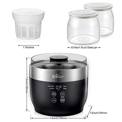 Bear Yogurt Maker, Greek Yogurt Maker Machine with Strainer and Timer Control, Stainless Steel Inner Pot, Automatic Digital with 2 Glass Jars 1 Quart for Home Organic Yogurt, Cheese, Fruit Wine