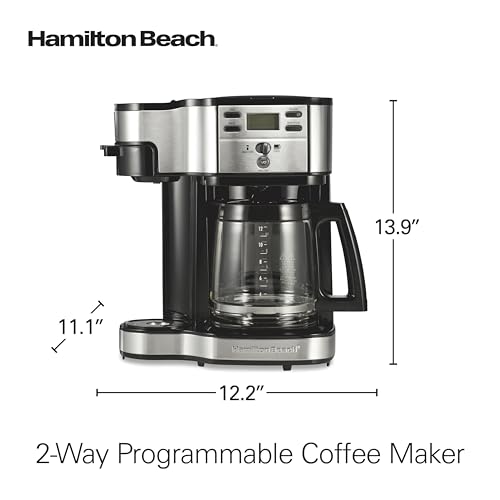 Hamilton Beach 2-Way Programmable Coffee Maker, 12 Cup Glass Carafe And Single Serve Coffee Maker, Black with Stainless Steel Accents, 49980RG