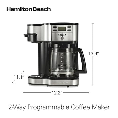 Hamilton Beach 2-Way Programmable Coffee Maker, 12 Cup Glass Carafe And Single Serve Coffee Maker, Black with Stainless Steel Accents, 49980RG