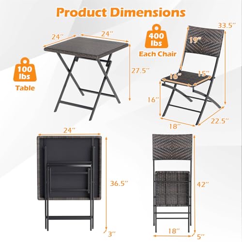 Tangkula 3 Piece Outdoor Folding Bistro Set, Mix Brown