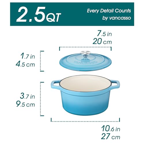 vancasso Enameled Cast Iron Dutch Oven, 2.5 QT Blue Naturally Non-Stick Casserole Dish Cookware, with Stainless Steel Knob Lid Cast Iron Casserole for Steam Braise Bake Broil Saute Simmer Roast