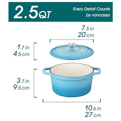 vancasso Enameled Cast Iron Dutch Oven, 2.5 QT Blue Naturally Non-Stick Casserole Dish Cookware, with Stainless Steel Knob Lid Cast Iron Casserole for Steam Braise Bake Broil Saute Simmer Roast