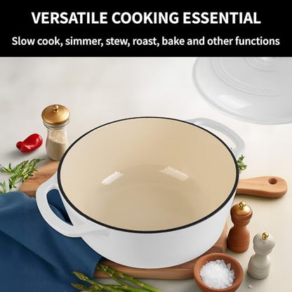 Fijxzct Premium Enameled Cast Iron Dutch Oven for Bread Baking | Non-Stick 2QT Oval Bread Oven with Lid | Perfect for Sourdough, Loaf, and Artisan Baking (Round White, 5.5 QT)