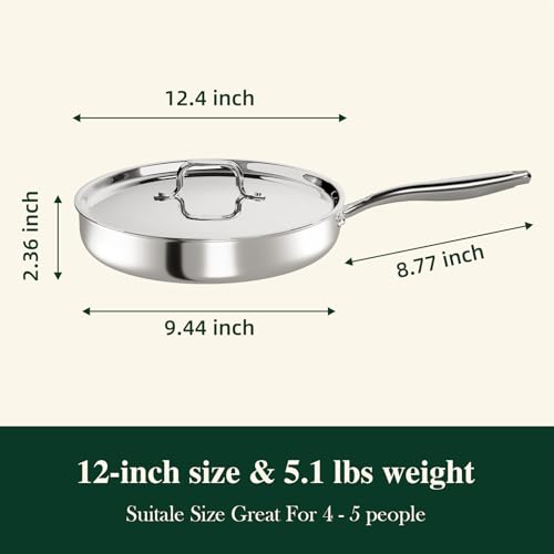 12 Inch Tri-Ply Stainless Steel Frying Pan, Frying Pan with Lid, PFOA/PTFE Free Skillet, Induction Cooking Pans, Dishwasher & Oven Broiler Safe 600F, Professional Cookware, Heavy Duty & Even Heat