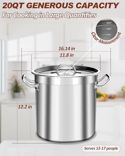 Falaja Stock Pot 20 Quart - Stainless Steel Stock Pot with Lid – Heavy-Duty Cooking Pot for Soup, Stew, Pasta – Commercial & Home Use, Induction Compatible - 5 Gallon