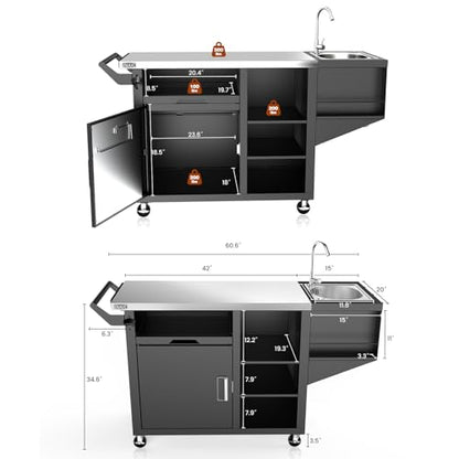 NUUK Outdoor Grill Cart on Wheel, Pizza Oven Table with Sink & Storage, 20"x42" Stainless Steel Prep Table Kitchen Island Cabinet for Backyard BBQ