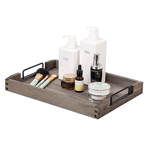 VERGOODR Country Rustic Torched Wood Nesting Breakfast Serving Trays with Handles, Set of 3 (Dark Grey)