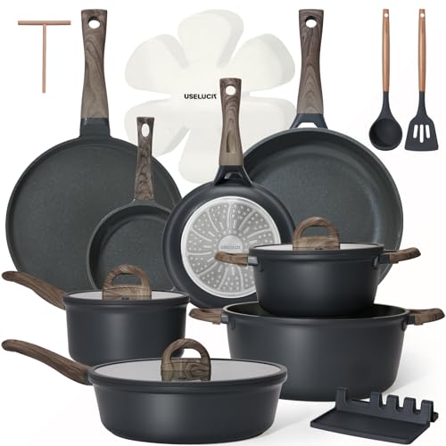 USELUCK Pots and Pans Set Nonstick 22 Pcs, Ceramic cookware set Non-Toxic CoatingGray Granite Kitchen Cookware Set, Induction Kitchen Cooking Set w/Frying Pans & Glass Lids, PFOS & PFOA Free