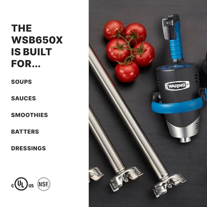 Waring Commercial EvolutionX Immersion Blender, 1.5 Horsepower Motor, 18" Stainless Steel Shaft, Variable Speed, 35-Gallon Capacity, for Professional Hand Blender for Kitchens & Catering, WSB650X