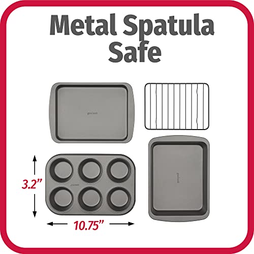 GoodCook 4-Piece Nonstick Steel Toaster Oven Set with Sheet Pan, Rack, Cake Pan, and Muffin Pan, Gray, 4-Piece Set Distributes Heat Evenly, Nonstick Coating, Dishwasher-Safe