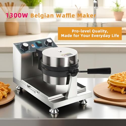 Hehinton® 110V 1300W Commercial Belgian Waffle Maker, Rotatable Croffle Machine with 122-572℉ Temp Control, 0-5min Timer, φ7"X1.2" Thick Non-Stick Liege Waffle Maker