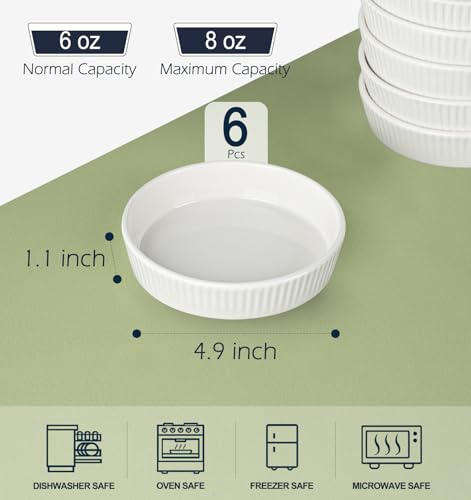 KOBIKOBI Ramekins 8 oz Oven Safe Set of 6 - Ceramic Creme Brulee Dishes, Souffle Cups, Individual Quiche Baking Dish, Food-Safe White Pudding Bowls for Kitchen, Stackable and Dishwasher Safe