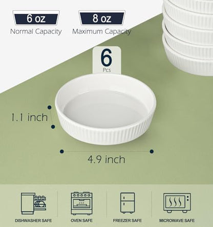 KOBIKOBI Ramekins 8 oz Oven Safe Set of 6 - Ceramic Creme Brulee Dishes, Souffle Cups, Individual Quiche Baking Dish, Food-Safe White Pudding Bowls for Kitchen, Stackable and Dishwasher Safe