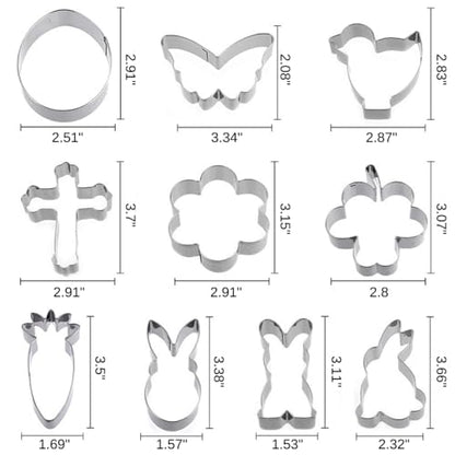 Easter Cookie Cutter Set - 10 pieces - Easter Bunny, Egg, Chick, Carrot, Rabbit, Bunny Face, Holy Cross, Leaf, Flower, Butterfly Shapes - Stainless Steel Biscuit Molds for Spring Holiday Baking