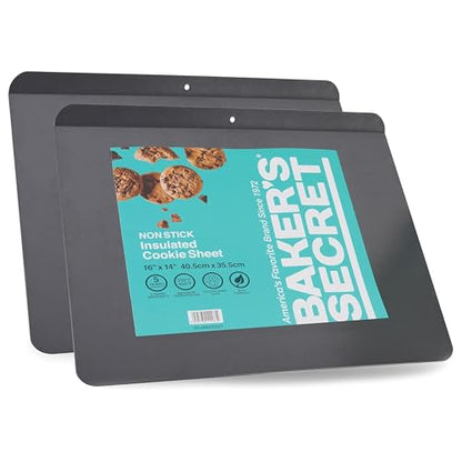 Baker's Secret 2pcs Insulated Cookie Sheet Cookie Tray 16" x 14", Carbon Steel Insulated Double Wall, for Baking Roasting Cooking, Dishwasher Safe Home Baking Supplies PFOA, PFOS, PTFE free