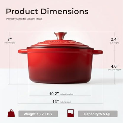 Parmedu 5.5QT Enameled Cast Iron Dutch Oven for Sourdough Bread Baking, Easy Cleaning, Versatile for Stewing, Roasting, Braised Chicken, Soup & More