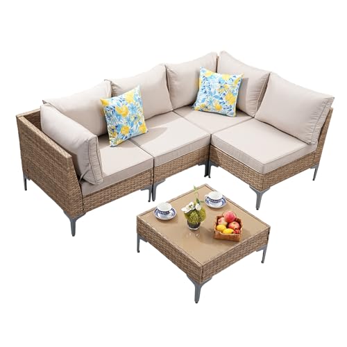 SunloungeCo 5-Piece Patio Furniture Set, Outdoor Wicker Sectional Sofa with Coffee Table, Anti-Slip & Thick All-Weather Cushions for Party, Garden, Backyard, Beige