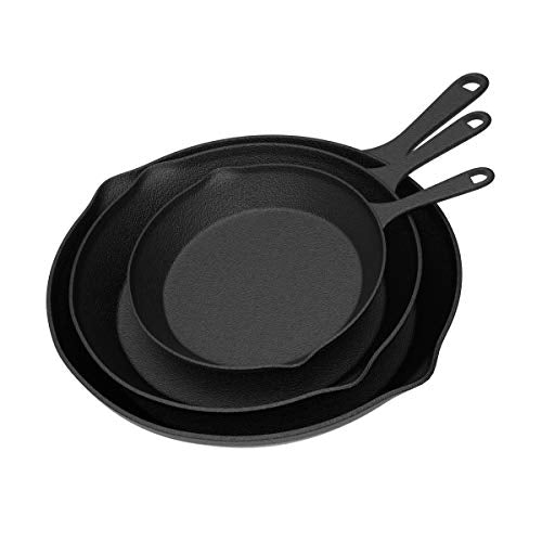 Pre Seasoned Cast Iron Skillets - 3 Pan Set - 9 inches, 8 inches, 6 inches - 1.5 to 2 inches deep - Durable with Strong Handle - Great for both veggies and meat