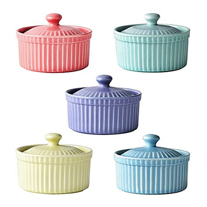 Meltset 5.5 Oz Ramekins with Lids Oven Safe Ceramics Ramekin Bowls for Baking, Porcelain Bake Dishes for Souffle, Creme Brulee, Lava Cake, Ice Cream Desserts, Snacks (Set of 5）