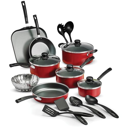 Premium 18 Piece Red Nonstick Cookware Set, Aluminum Pots and Pans Set Ideal for Housewarming Gift & Family Kitchen