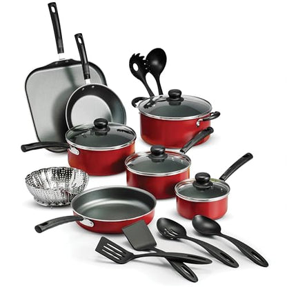 Premium 18 Piece Red Nonstick Cookware Set, Aluminum Pots and Pans Set Ideal for Housewarming Gift & Family Kitchen