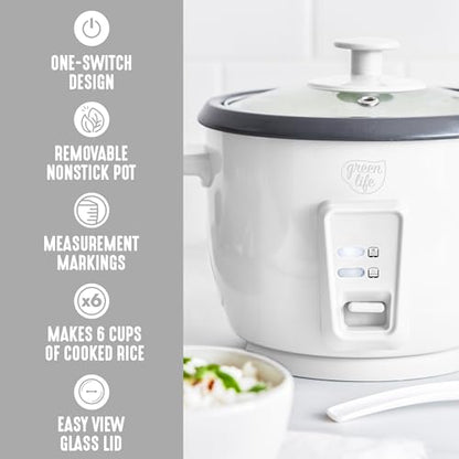 GreenLife Rice Cooker with Removable PFAS-Free Ceramic Nonstick Pot, 3-Cups Uncooked/6-Cups Cooked, Grains & Oatmeal Multicooker, Compact One-Switch Design, Auto Keep Warm, Easy Clean, White