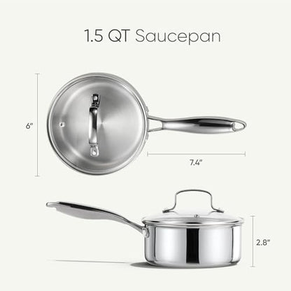 CAROTE 1.5Qt Stainless Steel Saucepan, Non-Toxic 3-Ply Stainless Steel Cookware Set with Lids, Small Kitchen Pots, Oven Safe, Compatible with Induction, Ceramic, Gas